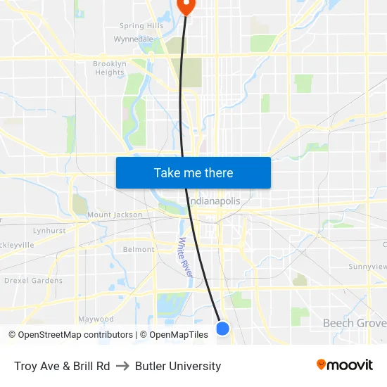 Troy Ave & Brill Rd to Butler University map