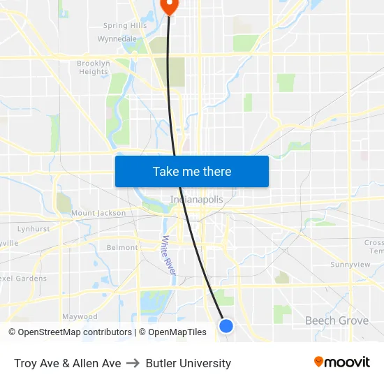 Troy Ave & Allen Ave to Butler University map