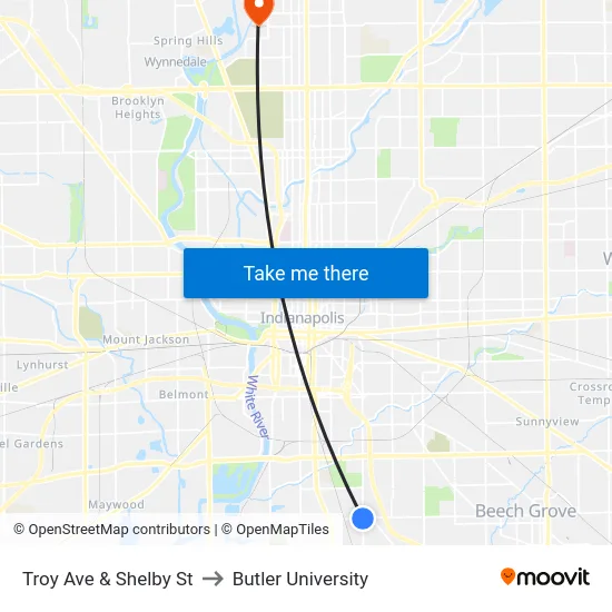 Troy Ave & Shelby St to Butler University map