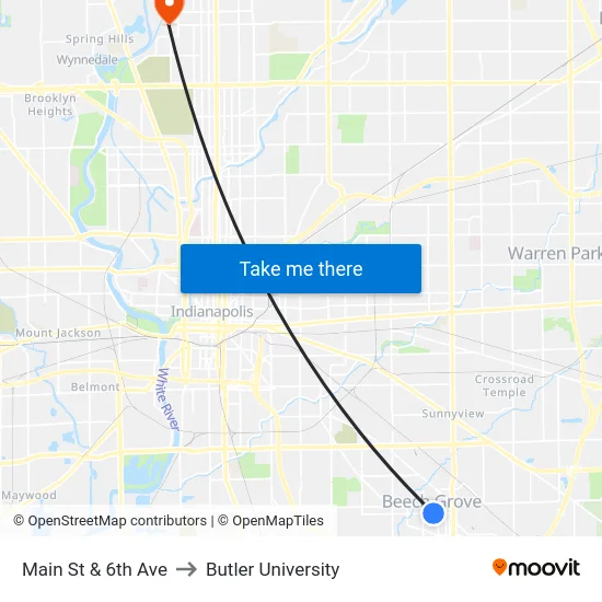 Main St & 6th Ave to Butler University map