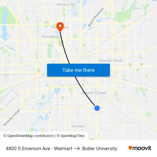 4800 S Emerson Ave - Walmart to Butler University map