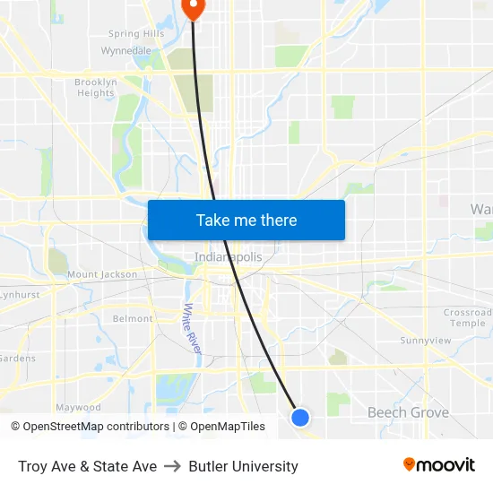 Troy Ave & State Ave to Butler University map