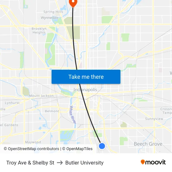 Troy Ave & Shelby St to Butler University map