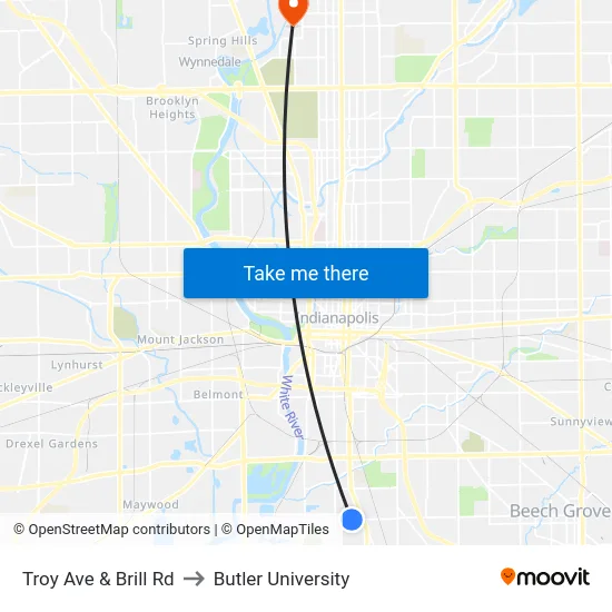 Troy Ave & Brill Rd to Butler University map