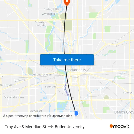 Troy Ave & Meridian St to Butler University map