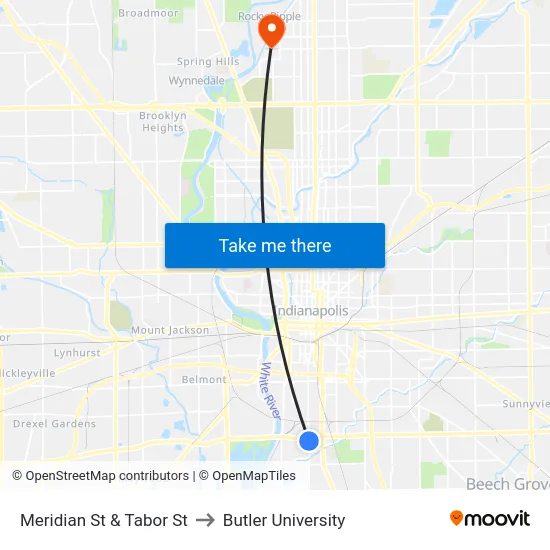 Meridian St & Tabor St to Butler University map