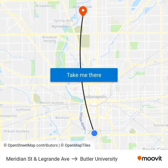 Meridian St & Legrande Ave to Butler University map