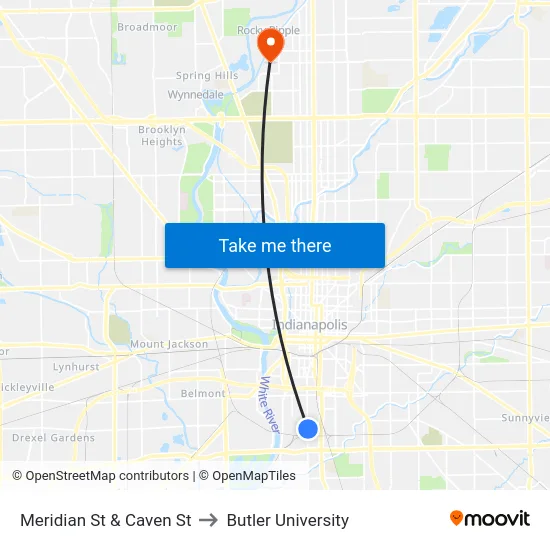 Meridian St & Caven St to Butler University map