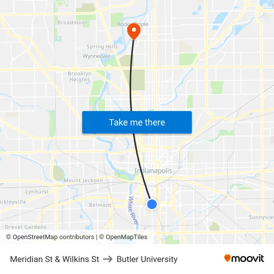Meridian St & Wilkins St to Butler University map
