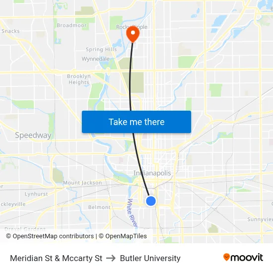 Meridian St & Mccarty St to Butler University map