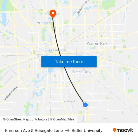 Emerson Ave & Rosegate Lane to Butler University map