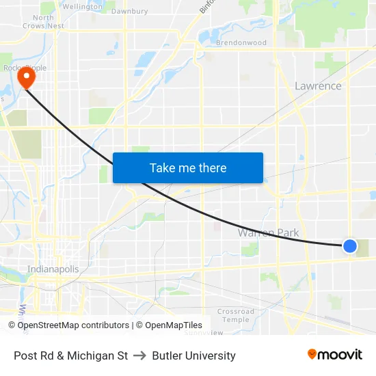 Post Rd & Michigan St to Butler University map