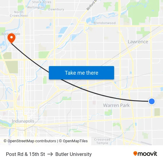 Post Rd & 15th St to Butler University map