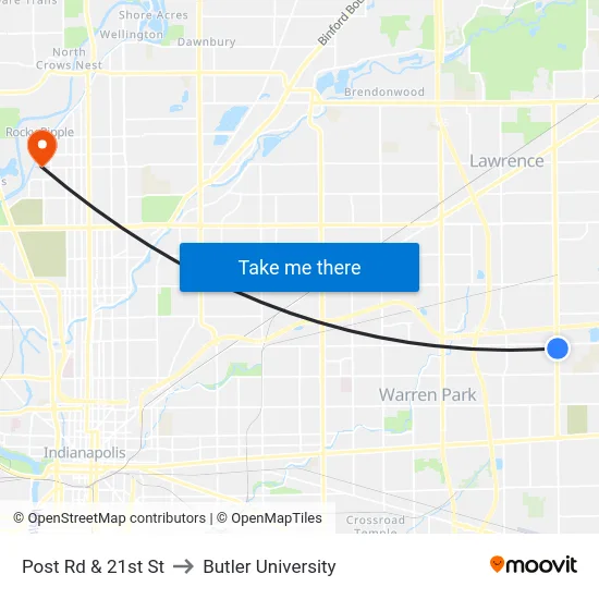 Post Rd & 21st St to Butler University map
