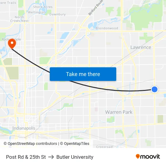 Post Rd & 25th St to Butler University map