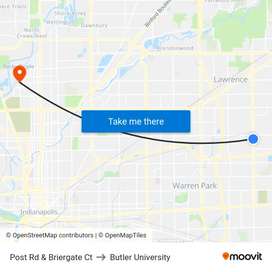 Post Rd & Briergate Ct to Butler University map