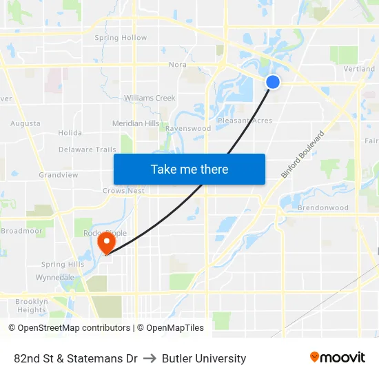 82nd St & Statemans Dr to Butler University map