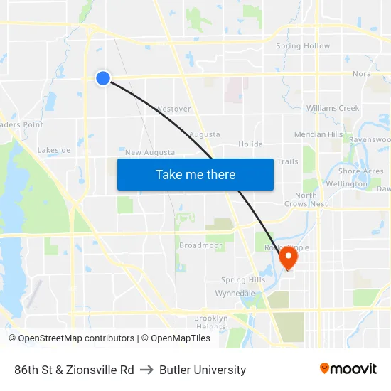 86th St & Zionsville Rd to Butler University map
