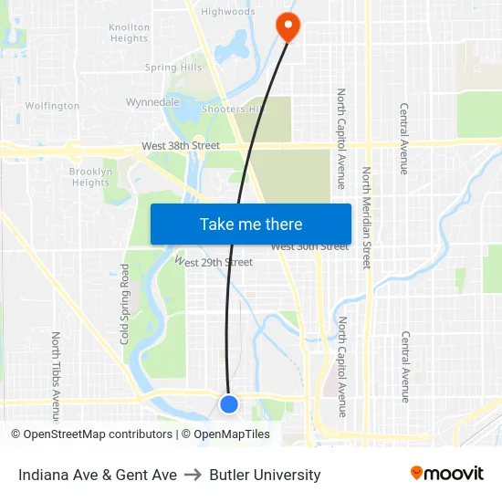 Indiana Ave & Gent Ave to Butler University map