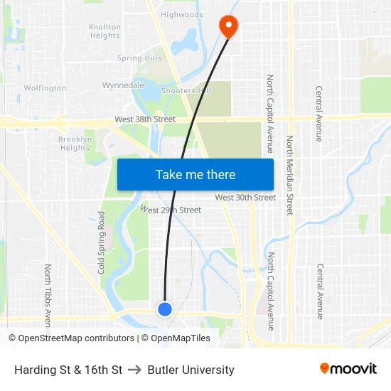 Harding St & 16th St to Butler University map