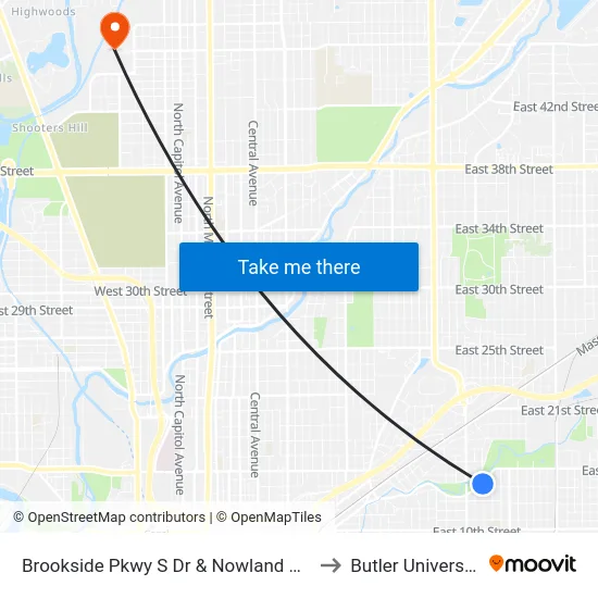 Brookside Pkwy S Dr & Nowland Ave to Butler University map