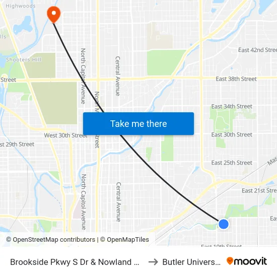 Brookside Pkwy S Dr & Nowland Ave to Butler University map