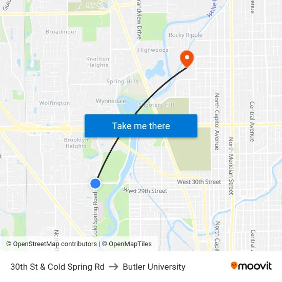 30th St & Cold Spring Rd to Butler University map