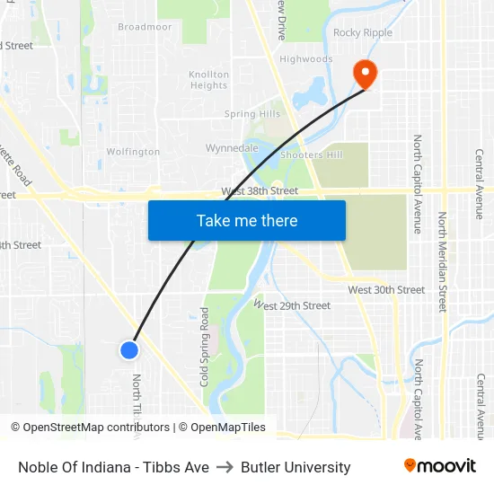 Noble Of Indiana - Tibbs Ave to Butler University map