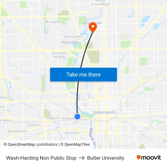 Wash-Harding Non Public Stop to Butler University map