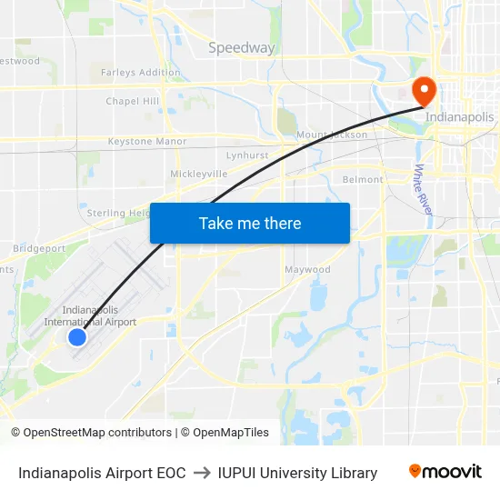 Indianapolis Airport EOC to IUPUI University Library map