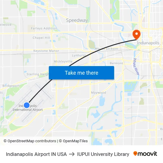 Indianapolis Airport IN USA to IUPUI University Library map