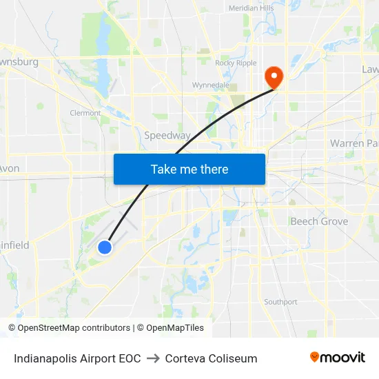 Indianapolis Airport EOC to Corteva Coliseum map