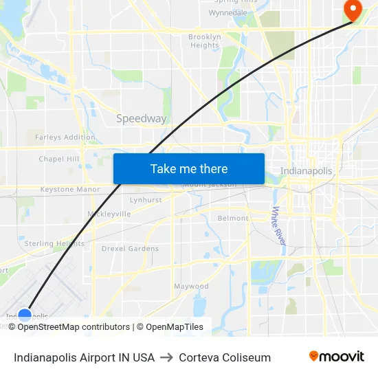 Indianapolis Airport IN USA to Corteva Coliseum map