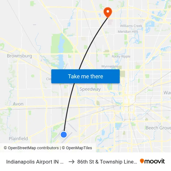 Indianapolis Airport IN USA to 86th St & Township Line Rd map