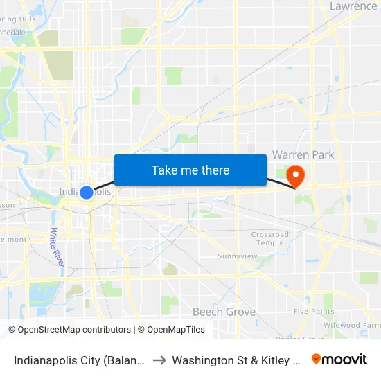 Indianapolis City (Balance) to Washington St & Kitley Ave map