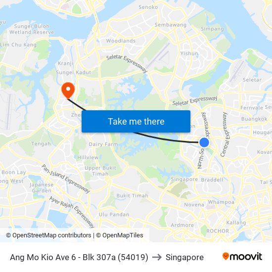 Ang Mo Kio Ave 6 - Blk 307a (54019) to Singapore map