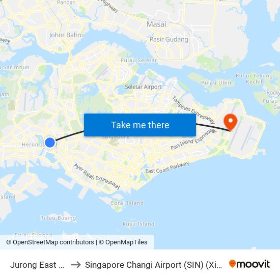 Jurong East (EW24|NS1) to Singapore Changi Airport (SIN) (Xin Jia Po Zhang Yi Ji Chang) map