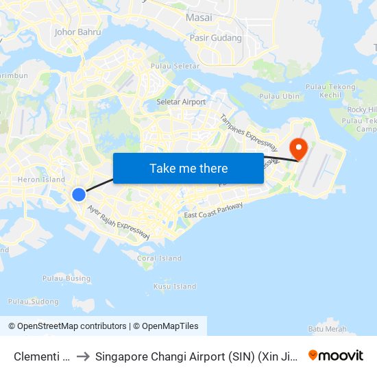 Clementi (EW23) to Singapore Changi Airport (SIN) (Xin Jia Po Zhang Yi Ji Chang) map