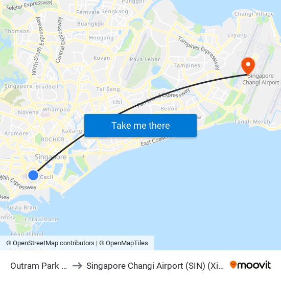 Outram Park (EW16|NE3) to Singapore Changi Airport (SIN) (Xin Jia Po Zhang Yi Ji Chang) map