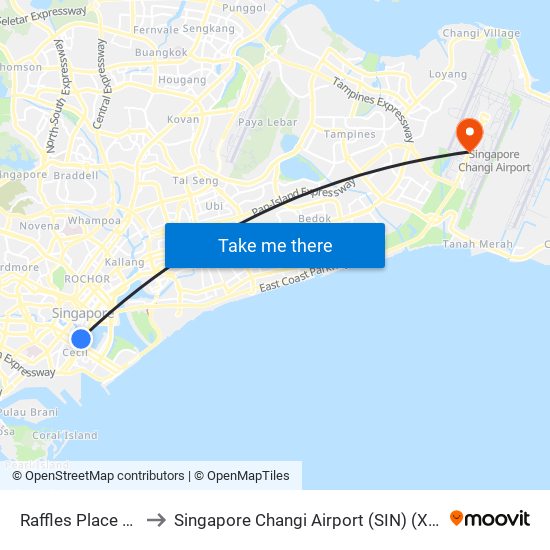 Raffles Place (EW14|NS26) to Singapore Changi Airport (SIN) (Xin Jia Po Zhang Yi Ji Chang) map