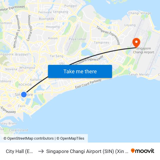 City Hall (EW13|NS25) to Singapore Changi Airport (SIN) (Xin Jia Po Zhang Yi Ji Chang) map