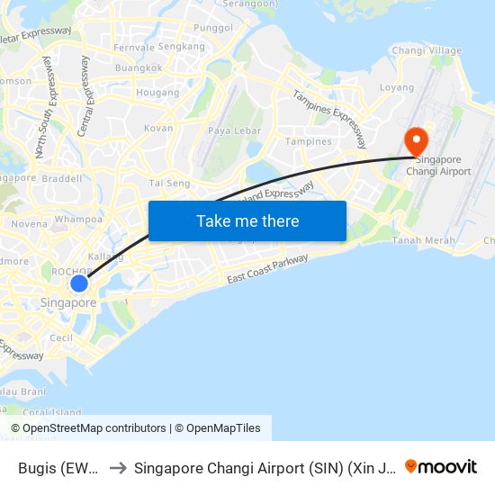 Bugis (EW12|DT14) to Singapore Changi Airport (SIN) (Xin Jia Po Zhang Yi Ji Chang) map