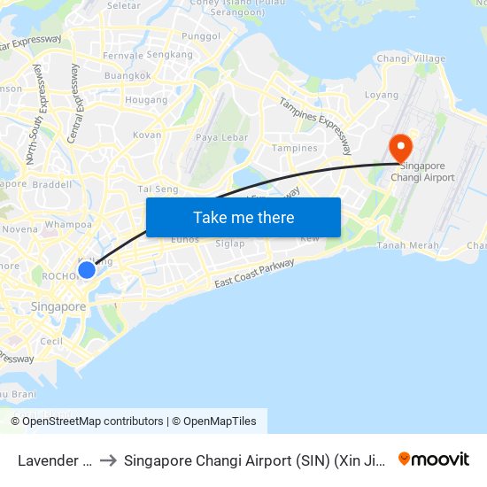 Lavender (EW11) to Singapore Changi Airport (SIN) (Xin Jia Po Zhang Yi Ji Chang) map