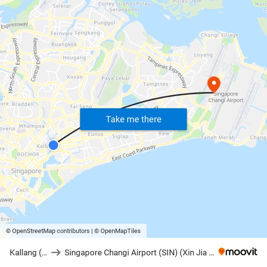 Kallang (EW10) to Singapore Changi Airport (SIN) (Xin Jia Po Zhang Yi Ji Chang) map