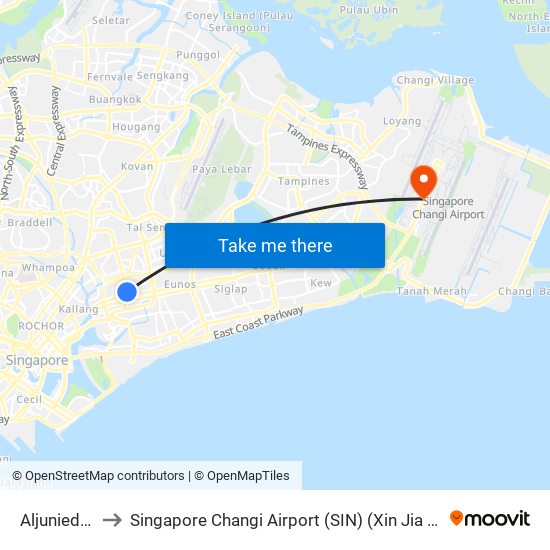 Aljunied (EW9) to Singapore Changi Airport (SIN) (Xin Jia Po Zhang Yi Ji Chang) map