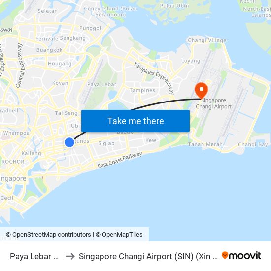 Paya Lebar (CC9|EW8) to Singapore Changi Airport (SIN) (Xin Jia Po Zhang Yi Ji Chang) map