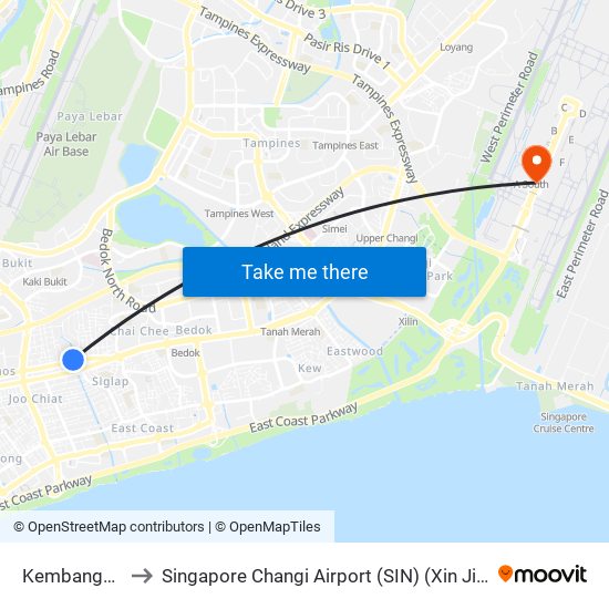 Kembangan (EW6) to Singapore Changi Airport (SIN) (Xin Jia Po Zhang Yi Ji Chang) map