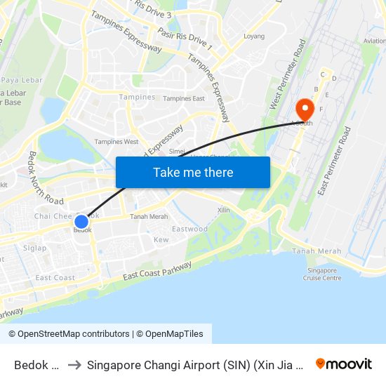 Bedok (EW5) to Singapore Changi Airport (SIN) (Xin Jia Po Zhang Yi Ji Chang) map