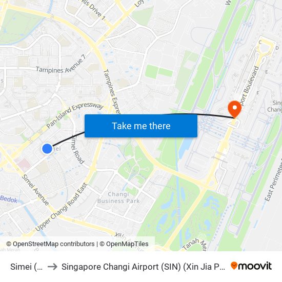 Simei (EW3) to Singapore Changi Airport (SIN) (Xin Jia Po Zhang Yi Ji Chang) map