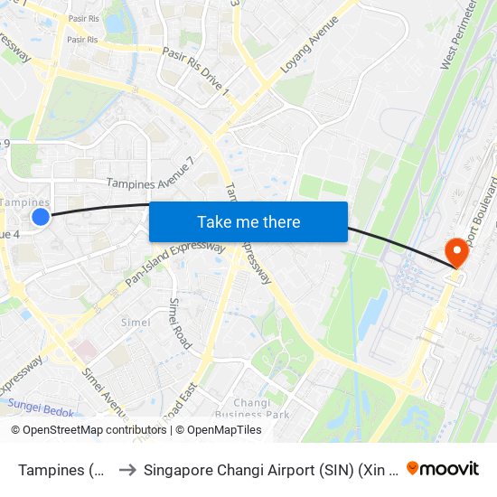 Tampines (DT32|EW2) to Singapore Changi Airport (SIN) (Xin Jia Po Zhang Yi Ji Chang) map